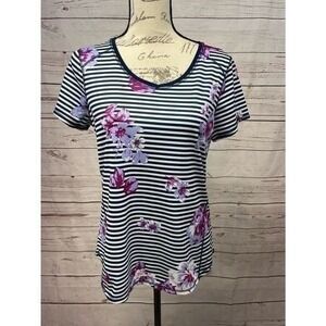 St. John's Bay medium quick dry navy blue and‎ white stripped shirt with flo